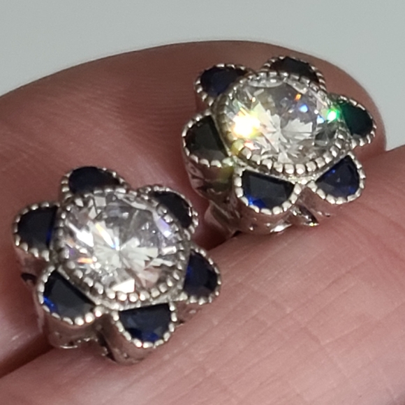 Tanzanite sterling silver earrings studs flowers CZ sparkly Tested estate - Picture 7 of 15